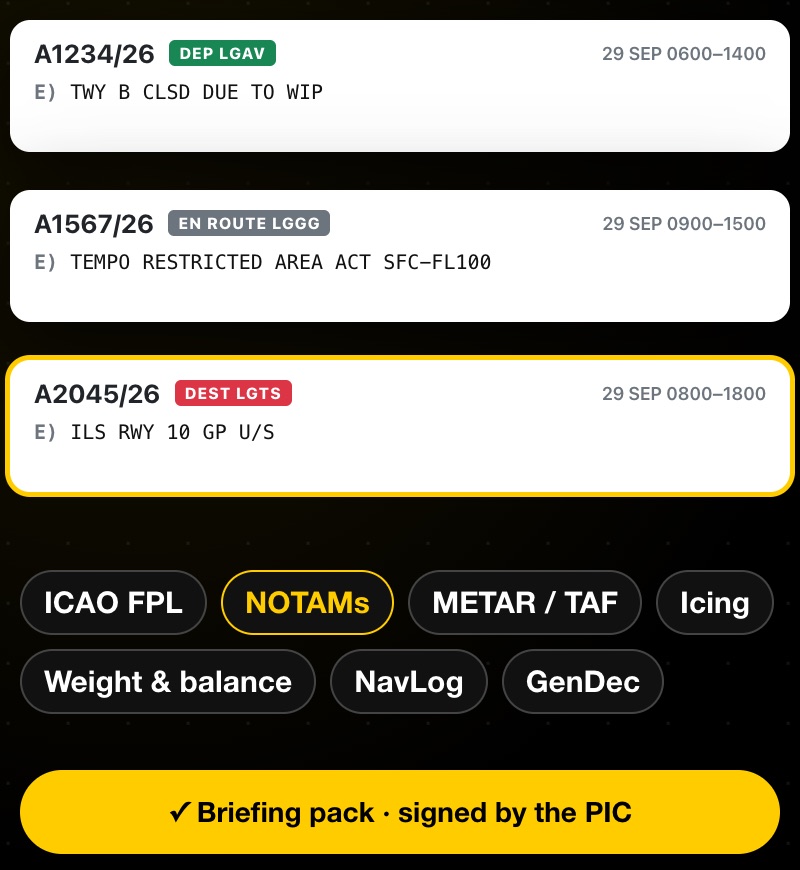 NOTAMs for departure, en route and destination, highlighted in the briefing pack