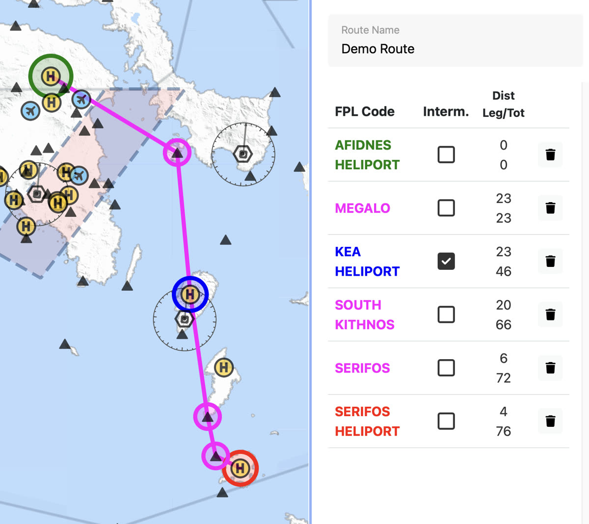The BRIEF route editor with a demo VFR route on the map from Afidnes Heliport via Megalo, an intermediate stop at Kea Heliport, South Kithnos and Serifos to Serifos Heliport, with each point's FPL code and leg and total distances